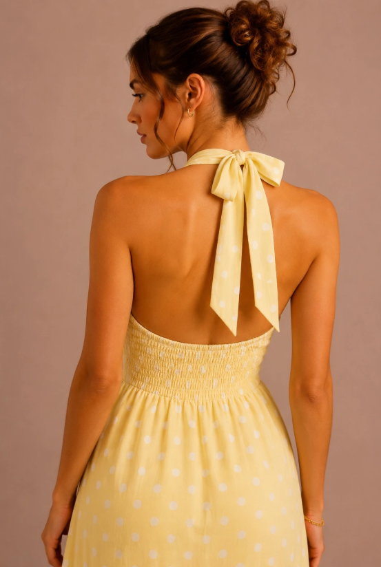 Longue robe dos nu à pois