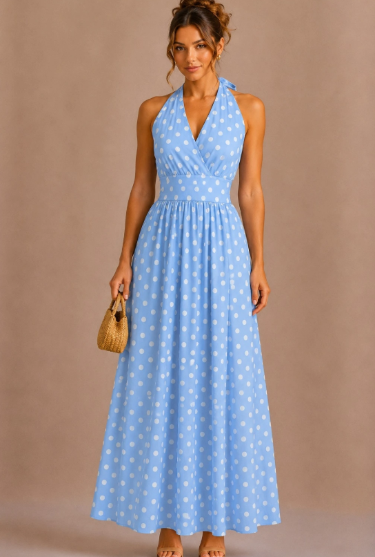 Longue robe dos nu à pois