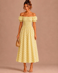 Robe midi smockée à imprimé à pois